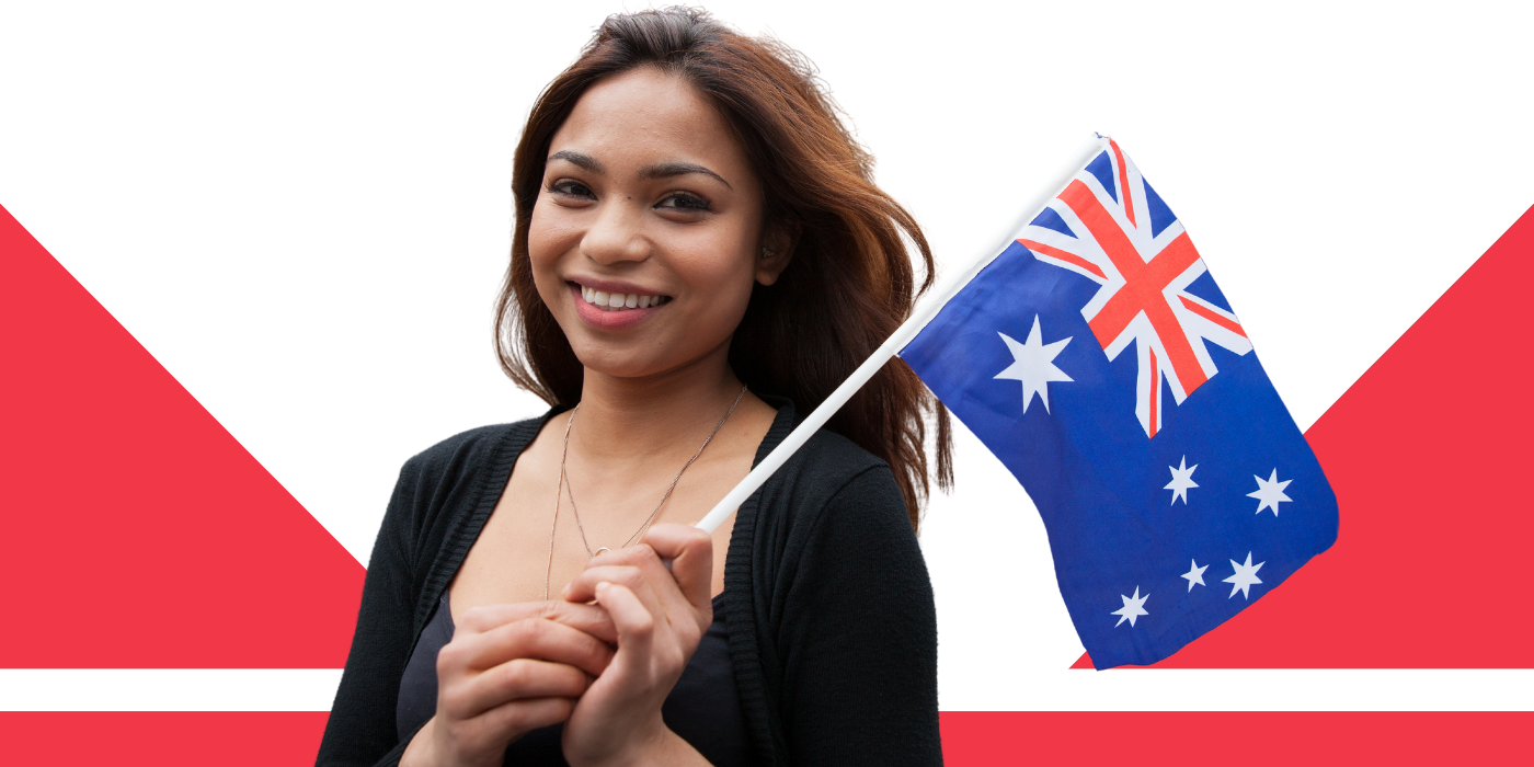 Women holding Australia flag.